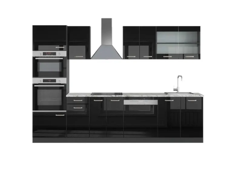 Vicco R-Line Küchenzeile Schwarz Hochglanz/Anthrazit 300 cm mit HochschrankAP Marmor ohne E-Geräte