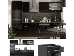 Vicco R-Line Küchenzeile Schwarz Hochglanz/Anthrazit 300 cm mit HochschrankAP Marmor ohne E-Geräte