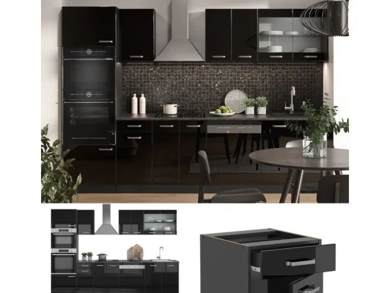 Vicco R-Line Küchenzeile Schwarz Hochglanz/Anthrazit 300 cm mit HochschrankAP Marmor ohne E-Geräte