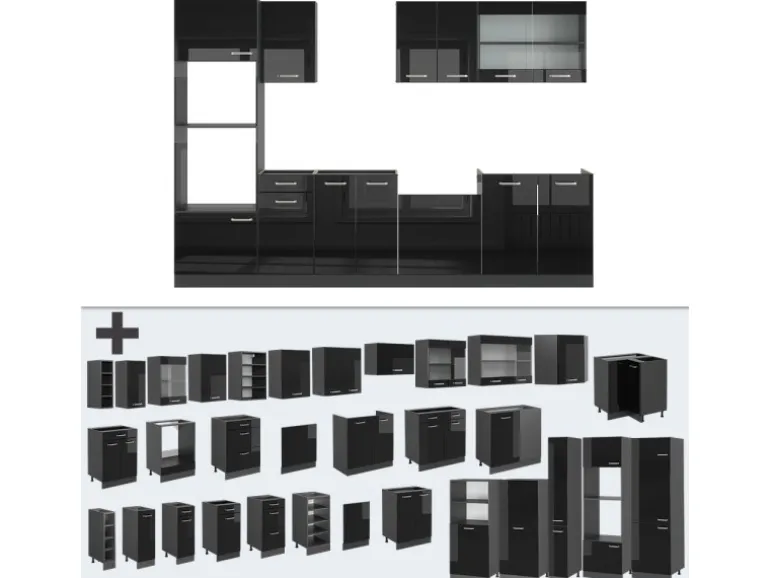 Vicco R-Line Küchenzeile Schwarz Hochglanz/Anthrazit 300 cm mit HochschrankAP Marmor ohne E-Geräte