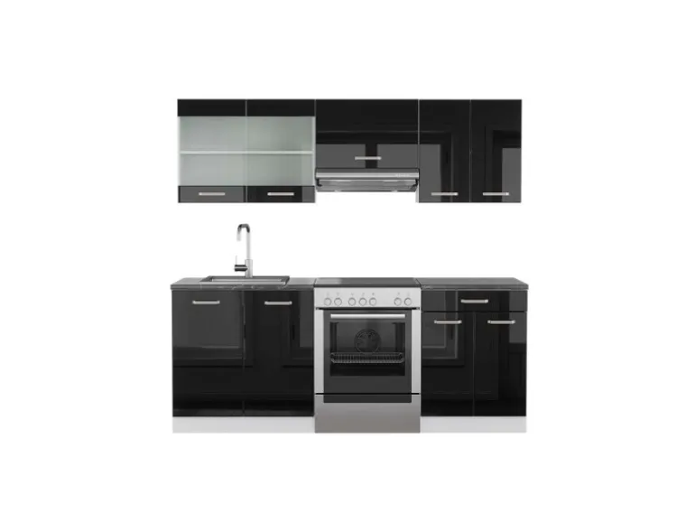 Vicco R-Line Küchenzeile Schwarz Hochglanz/Weiß 200 cm AP Anthrazit ohne E-Geräte