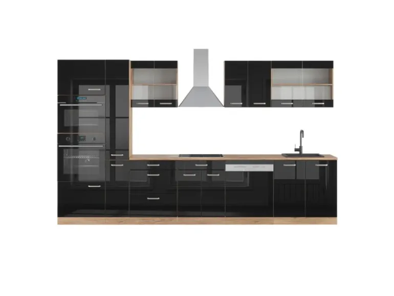Vicco R-Line Küchenzeile Schwarz Hochglanz/Goldkraft Eiche 350 cm mit Hochschrankohne Arbeitsplatte ohne E-Geräte