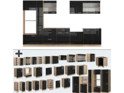 Vicco R-Line Küchenzeile Schwarz Hochglanz/Goldkraft Eiche 350 cm mit Hochschrankohne Arbeitsplatte ohne E-Geräte