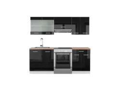 Vicco R-Line Küchenzeile Schwarz Hochglanz/Weiß 200 cm AP Eiche ohne E-Geräte