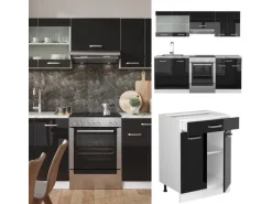 Vicco R-Line Küchenzeile Schwarz Hochglanz/Weiß 200 cm AP Eiche ohne E-Geräte