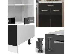 Vicco R-Line Küchenzeile Schwarz Hochglanz/Weiß 200 cm AP Eiche ohne E-Geräte