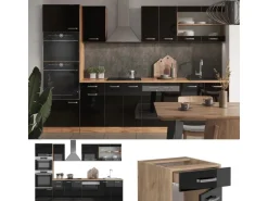 Vicco R-Line Küchenzeile Schwarz Hochglanz/Goldkraft Eiche 300 cm mit HochschrankAP Anthrazit ohne E-Geräte
