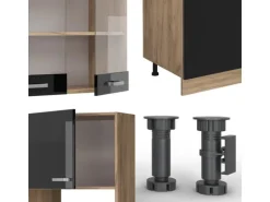 Vicco R-Line Küchenzeile Schwarz Hochglanz/Goldkraft Eiche 300 cm mit HochschrankAP Anthrazit ohne E-Geräte