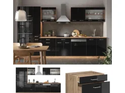 Vicco R-Line Küchenzeile Schwarz Hochglanz 350 cm mit HochschrankAP Eiche ohne E-Geräte