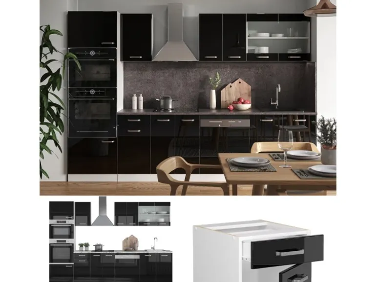 Vicco R-Line Küchenzeile Schwarz Hochglanz 300 cm mit HochschrankAP Marmor ohne E-Geräte