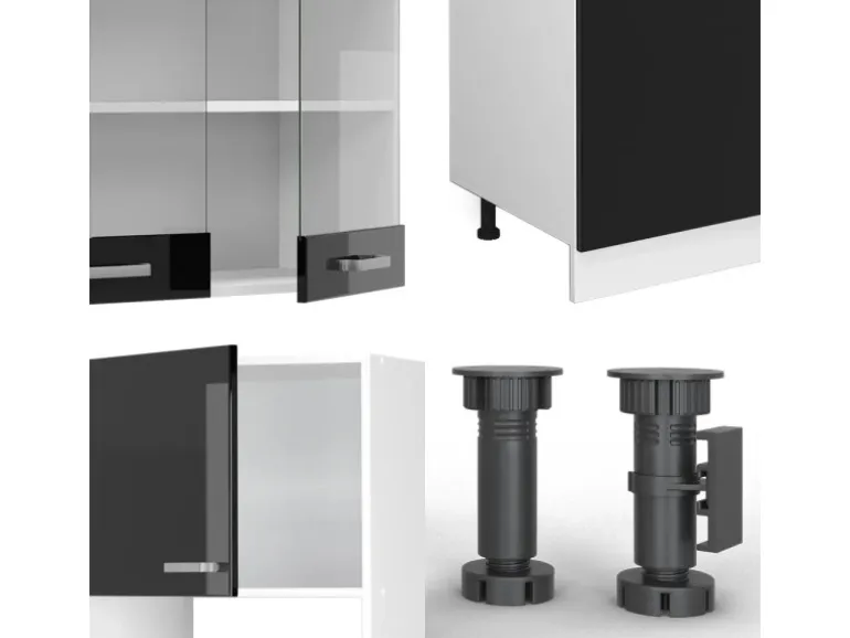 Vicco R-Line Küchenzeile Schwarz Hochglanz 300 cm mit HochschrankAP Marmor ohne E-Geräte