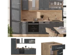 Vicco R-Line Küchenzeile Schwarz Beton/Goldkraft Eiche 300 cm AP Anthrazit ohne E-Geräte