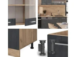 Vicco R-Line Küchenzeile Schwarz Beton/Goldkraft Eiche 300 cm AP Anthrazit ohne E-Geräte