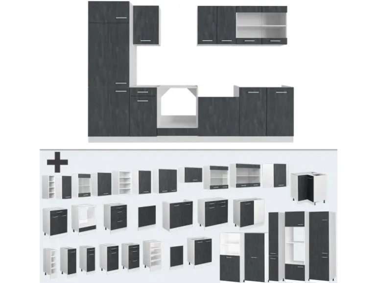 Vicco R-Line Küchenzeile Schwarz Beton/Weiß 300 cm AP Marmor ohne E-Geräte