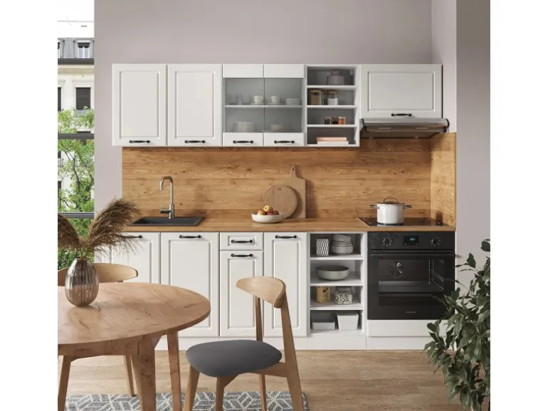 Vicco R-Line Küchenzeile Weiß Landhaus/Weiß 240 cm ohne Arbeitsplatte ohne E-Geräte