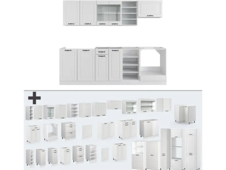 Vicco R-Line Küchenzeile Weiß Landhaus/Weiß 240 cm ohne Arbeitsplatte ohne E-Geräte