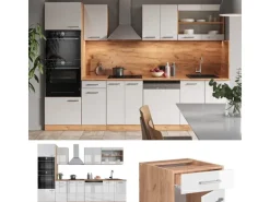 Vicco R-Line Küchenzeile Weiß Hochglanz/Goldkraft Eiche 300 cm mit HochschrankAP Anthrazit ohne E-Geräte