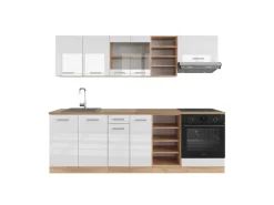 Vicco R-Line Küchenzeile Weiß Hochglanz/Goldkraft Eiche 240 cm AP Eiche ohne E-Geräte