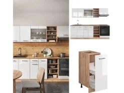 Vicco R-Line Küchenzeile Weiß Hochglanz/Goldkraft Eiche 240 cm AP Eiche ohne E-Geräte