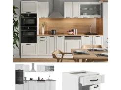 Vicco R-Line Küchenzeile Weiß Landhaus/Weiß 300 cm mit HochschrankAP Marmor ohne E-Geräte