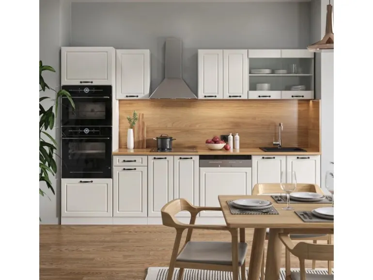Vicco R-Line Küchenzeile Weiß Landhaus/Weiß 300 cm mit HochschrankAP Marmor ohne E-Geräte