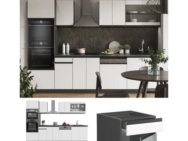 Vicco R-Line Küchenzeile Weiß/Anthrazit 300 cm mit HochschrankAP Anthrazit ohne E-Geräte