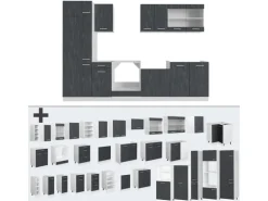 Vicco R-Line KomplettKüche Schwarz Beton/Weiß 300 cm AP Eiche ohne E-Geräte