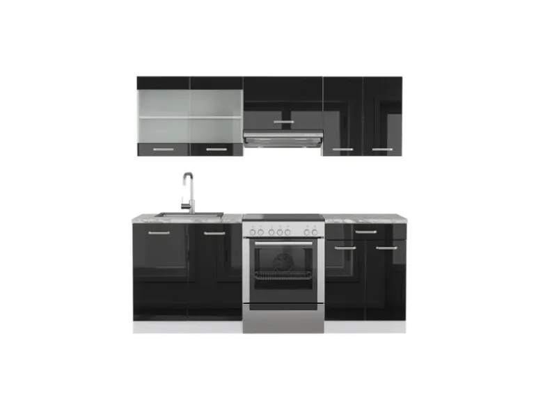 Vicco R-Line Komplettküche Schwarz Hochglanz/Weiß 200 cm Ohne Arbeitsplatte ohne E-Geräte