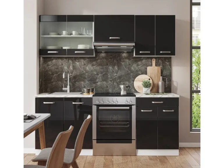 Vicco R-Line Komplettküche Schwarz Hochglanz/Weiß 200 cm Ohne Arbeitsplatte ohne E-Geräte