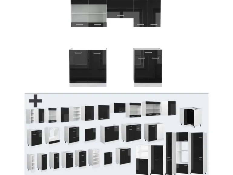Vicco R-Line Komplettküche Schwarz Hochglanz/Weiß 200 cm Ohne Arbeitsplatte ohne E-Geräte