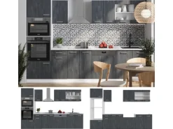 Vicco R-Line KomplettKüche Schwarz Beton/Weiß 300 cm AP Eiche Opt 2 ohne E-Geräte