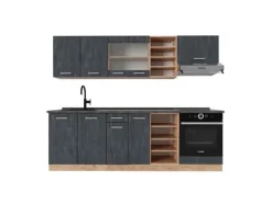 Vicco R-Line Komplettküche Schwarz Beton/Goldkraft Eiche 240 cm AP Anthrazit ohne E-Geräte
