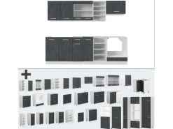Vicco R-Line Komplettküche Schwarz Beton/Weiß 240 cm AP Eiche ohne E-Geräte