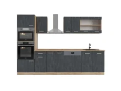 Vicco R-Line Komplettküche Schwarz Beton/Goldkraft Eiche 300 cm AP Eiche ohne E-Geräte