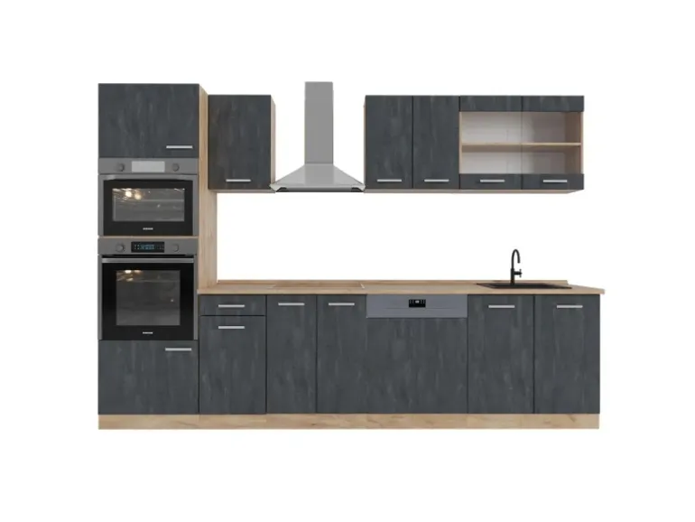 Vicco R-Line Komplettküche Schwarz Beton/Goldkraft Eiche 300 cm AP Eiche ohne E-Geräte
