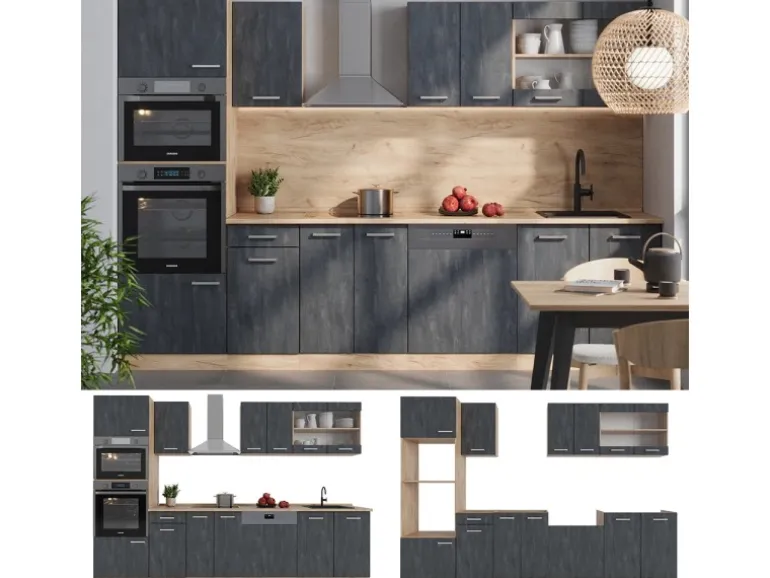 Vicco R-Line Komplettküche Schwarz Beton/Goldkraft Eiche 300 cm AP Eiche ohne E-Geräte
