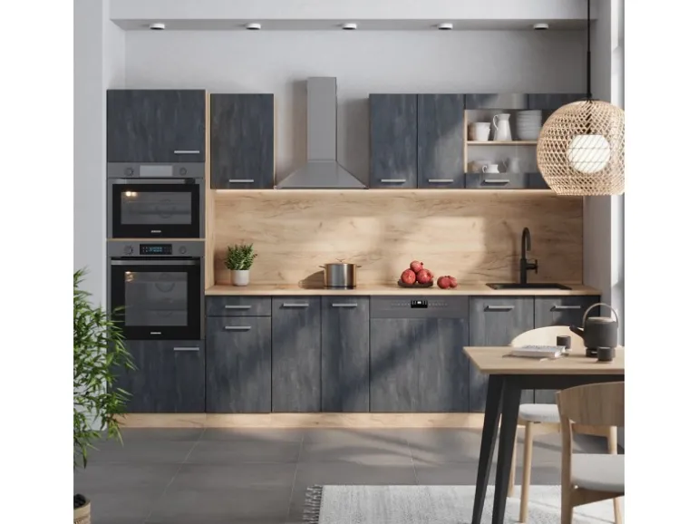 Vicco R-Line Komplettküche Schwarz Beton/Goldkraft Eiche 300 cm AP Eiche ohne E-Geräte