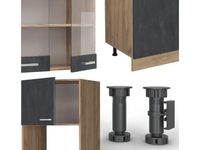 Vicco R-Line Komplettküche Schwarz Beton/Goldkraft Eiche 300 cm AP Eiche ohne E-Geräte