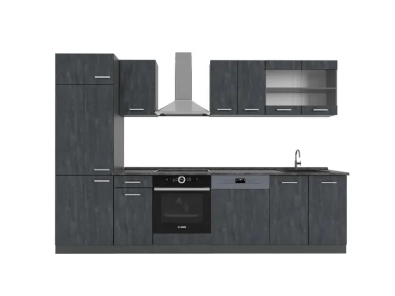 Vicco R-Line KomplettKüche Schwarz Beton/Anthrazit 300 cm ohne Arbeitsplatte ohne E-Geräte