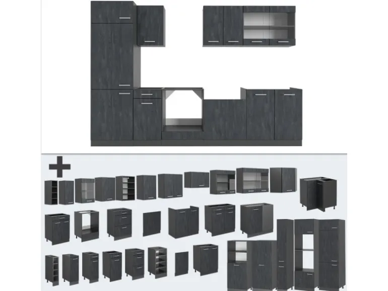 Vicco R-Line KomplettKüche Schwarz Beton/Anthrazit 300 cm ohne Arbeitsplatte ohne E-Geräte