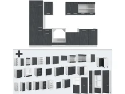 Vicco R-Line KomplettKüche Schwarz Beton/Weiß 300 cm AP Anthrazit ohne E-Geräte
