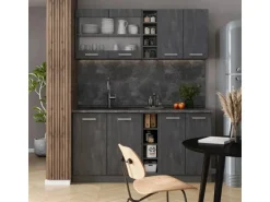 Vicco R-Line Mini-Küche Schwarz Beton/Anthrazit 160 cm AP Marmor ohne E-Geräte