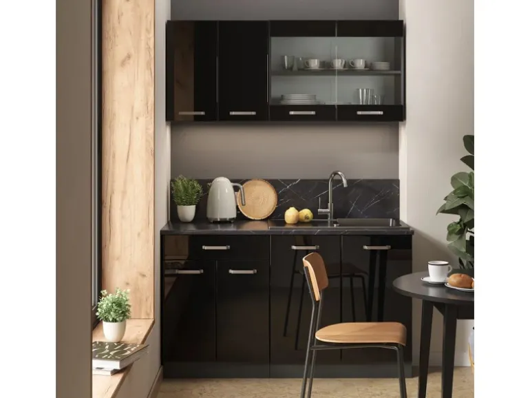 Vicco R-Line Mini-Küche Schwarz Hochglanz/Anthrazit 140 cm ohne Arbeitsplatte ohne E-Geräte