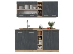 Vicco R-Line Mini-Küche Schwarz Beton/Goldkraft Eiche 160 cm AP Eiche ohne E-Geräte