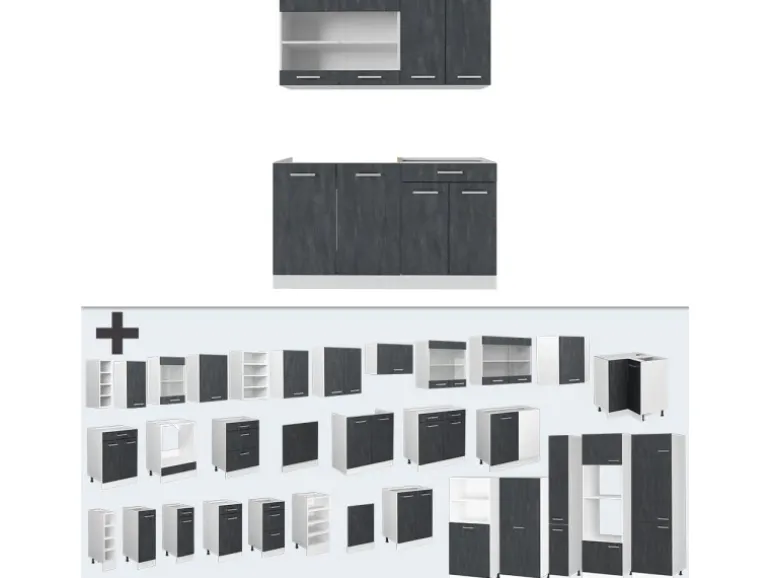 Vicco R-Line Mini-Küche Schwarz Beton/Weiß 140 cm ohne Arbeitsplatte ohne E-Geräte
