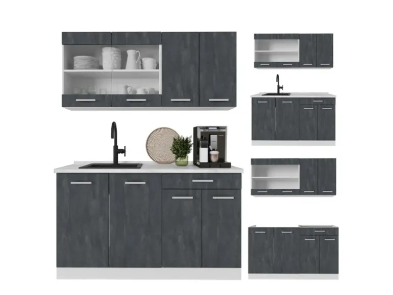 Vicco R-Line Mini-Küche Schwarz Beton/Weiß 140 cm ohne Arbeitsplatte ohne E-Geräte