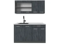 Vicco R-Line Mini-Küche Schwarz Beton/Anthrazit 140 cm AP Marmor ohne E-Geräte