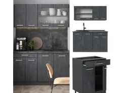 Vicco R-Line Mini-Küche Schwarz Beton/Anthrazit 140 cm AP Marmor ohne E-Geräte