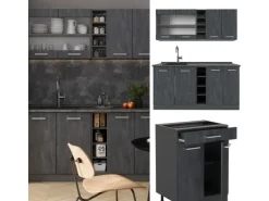 Vicco R-Line Mini-Küche Schwarz Beton/Anthrazit 160 cm AP Eiche ohne E-Geräte
