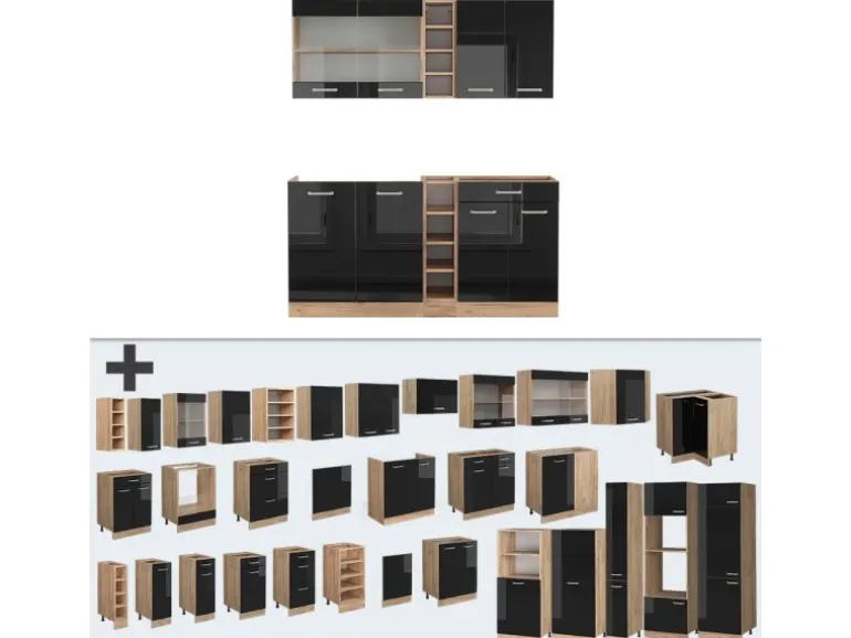 Vicco R-Line Single Küche Schwarz Hochglanz/Goldkraft Eiche 160 cm ohne Arbeitsplatte ohne E-Geräte